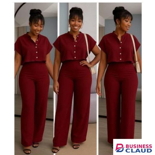 Elegant Two-Piece Women’s Lounge Set – Button Top & Wide-Leg Pants (Maroon)
