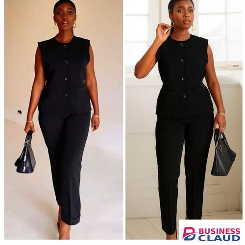 Versatile Office/Casual Women’s Tailored Two-Piece Co-Ord Set Sleeveless Button-Front Top with Straight-Leg Office Pants-Black