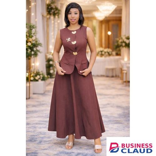 Elegant Versatile & Classy Sleeveless Peplum Top & Maxi Skirt Two-Piece Set, Women’s Classy Occasion Wear With a Brooch- Brown