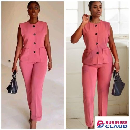 Office/Casual Versatile Women’s Tailored Two-Piece Co-Ord Set Sleeveless Button-Front Top with Straight-Leg Office Pants- Pink/Peach