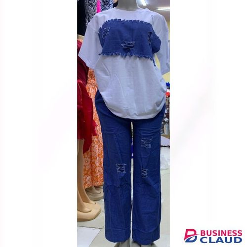 Ladies Trendy Denim Patchwork Two Piece Set T-Shirt & Wide-Leg Pants- Blue & White