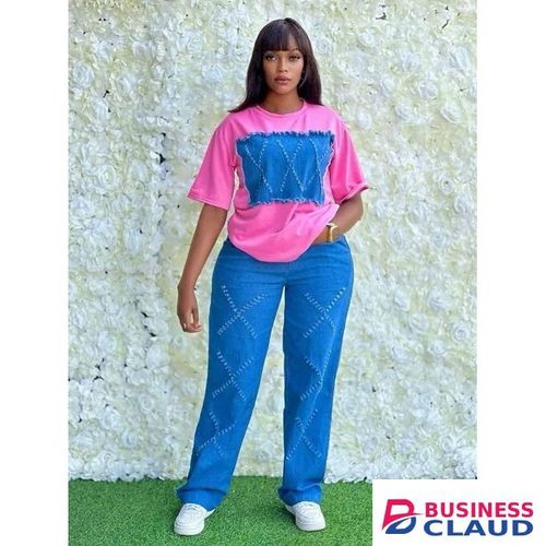 Trendy & Stylish Two-Piece Ensemble Denim Patchwork Denim Graphic – T-Shirt & Wide-Leg - Blue/Pink