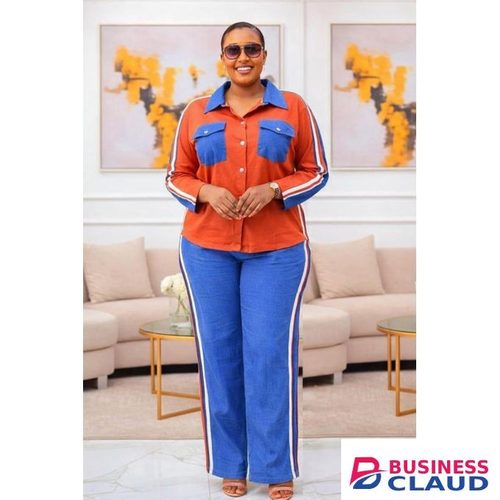 Ladies Trendy Denim Patchwork Two Piece Set Shirt & Wide-Leg Pants- Blue & Orange
