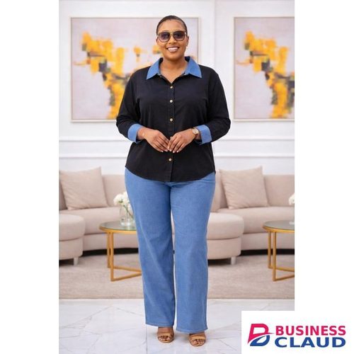 Denim Trendy Patchwork Two Piece Set Long Sleeved Shirt & Wide-Leg Pants- Blue-Black