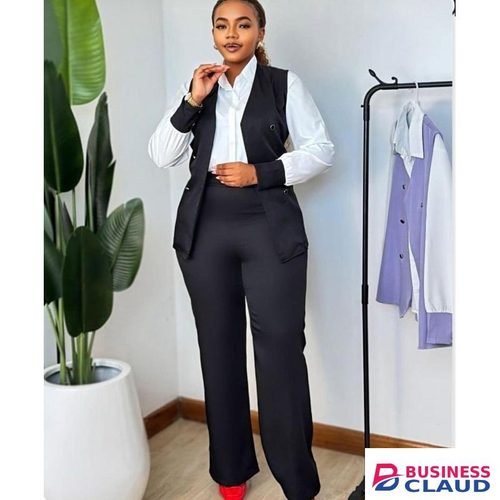 3-Piece Elegant Ladies Office Suit– vest coat, Shirt & Tailored Pants- Black