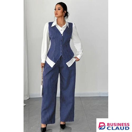 Ladies Tailored Office Suit Elegant & Stylish 2-Piece – vest coat attached to Shirt & Tailored Pants- Navy Blue