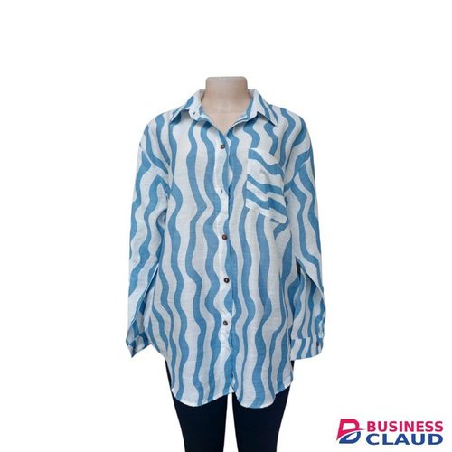 Blue and white spiral stripes top