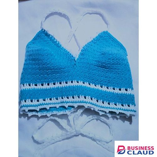 Handmadecraft Women’s Handmade Crochet Bralette Top – Blue & White – Medium – Lace-up