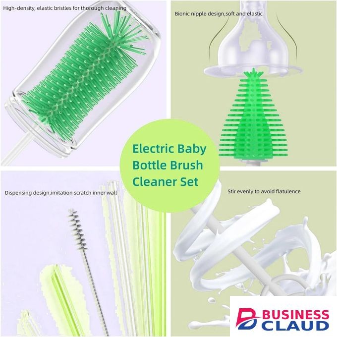 Baby Bottle Brush Set with UV Sterilizer, 3-Brush Silicone Cleaner, Long-Handled Storage Box - Jade Green