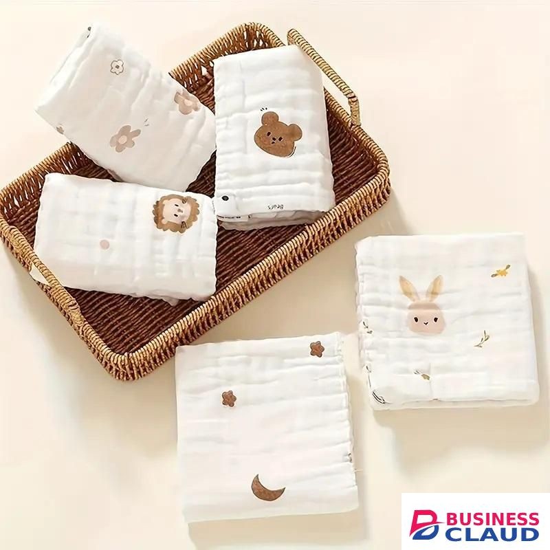 5-piece cute cartoon printed baby towel set: soft face cloth, newborn bath towel, essential handkerchief and children's bib