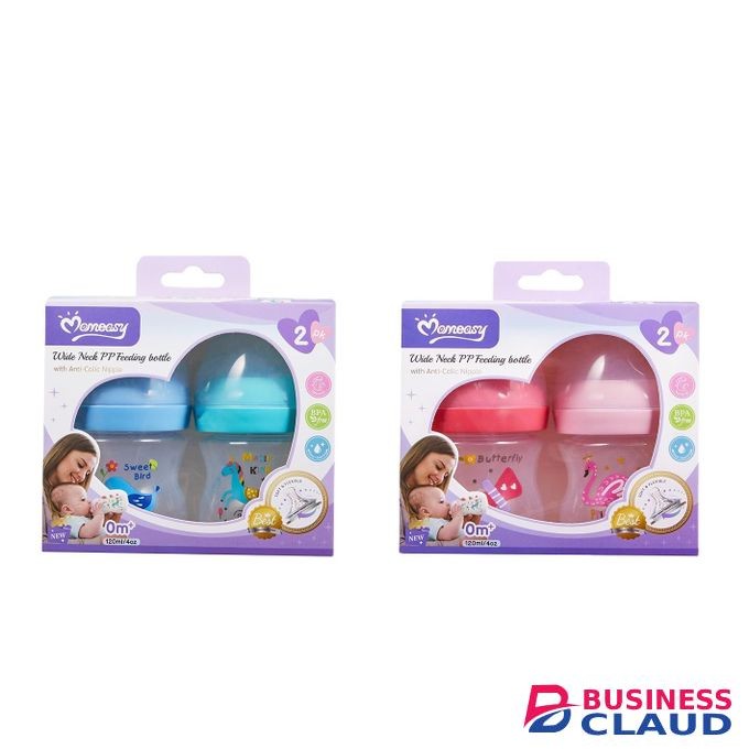 Mom Easy 2Pack Wide Neck PP Feeding Bottle - With wide Breast-shaped Silicon nipple and anti-colic valve.