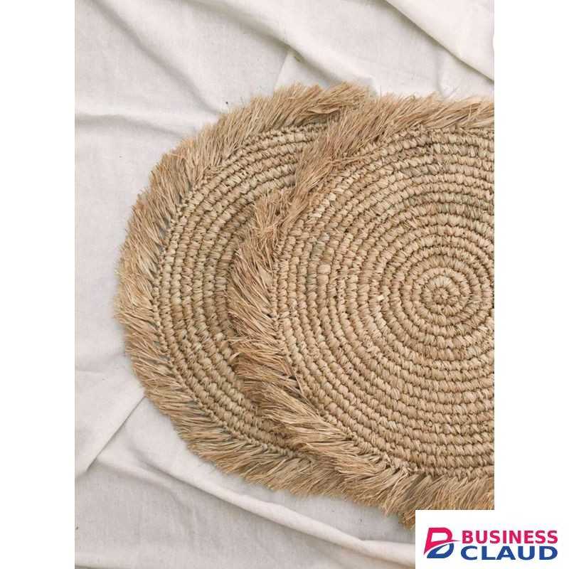 6 Piece Natural Woven Round Placemats Rustic Tan with Fringe Detailing