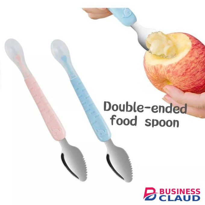 Dual Head Baby Feeding Spoon with Stainless Steel Scraper and Soft Silicone Tip for Safe and Easy Infant Feeding
