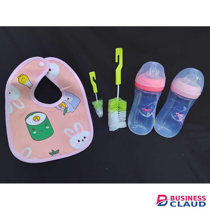 3 set baby shower baby set bib,twin pack feeding bottle,bottle brush