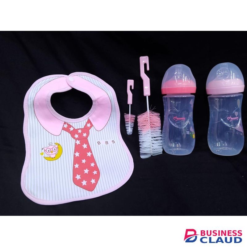 3 set baby shower baby set bib,twin pack feeding bottle, 2 bottle brushes