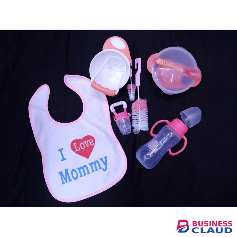 Quality 6 pack weaning set : Bib,Masher, Fruit pacifier, Feeding bowl, Feeding bottle,pair of bottle brush