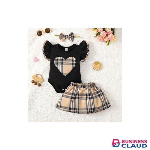 Catpapa Bébé Fille Bébé Fille Noir Manches Volantes Patchwork Jupe à Carreaux Avec Bandeau
