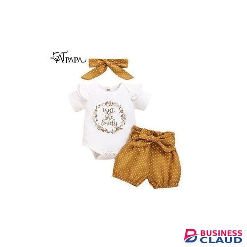 Baby Girls Letter Print Short Sleeve Bodysuit + Polka Dot Shorts + Headband