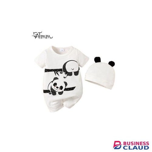 Catpapa Baby Boy Romper Panda Bear Short Sleeve Jumpsuit + Hat 2Pcs