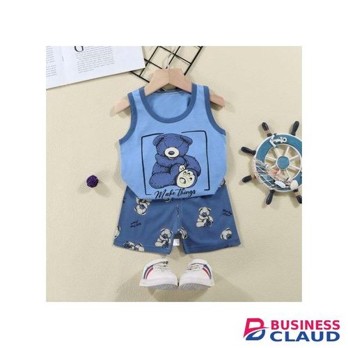 2pcs 0-3 Years Baby Boys Summer Set Bear Vest Blue Shorts Round Neck Cartoon Ountfit Toddler Infant Children