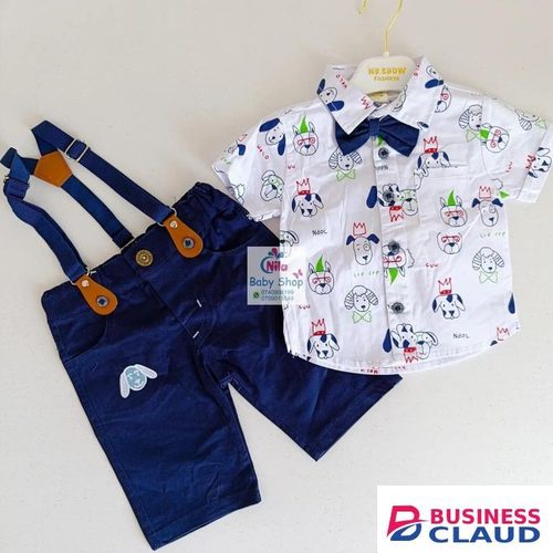 4Pcs Cutest Baby Boy Set of Khaki Shorts Printed Shirt Suspender&Bowtie-NAVY