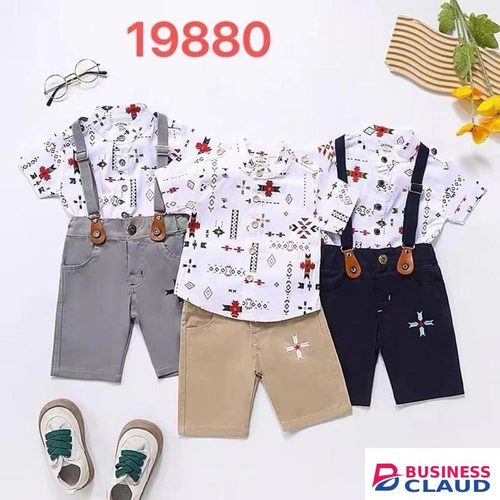 4Pcs Cutest Baby Boy Set Of Khaki Shorts Printed Shirt Suspender&Bowtie-GREY