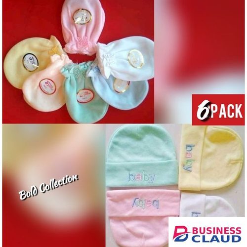 6PACK Cotton NEWBORN 3Baby Caps+3Pr Mitten Gloves