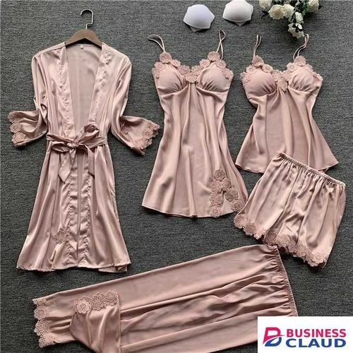 Pink Design II Ladies 5pc Pajama Sets With Chest Pads