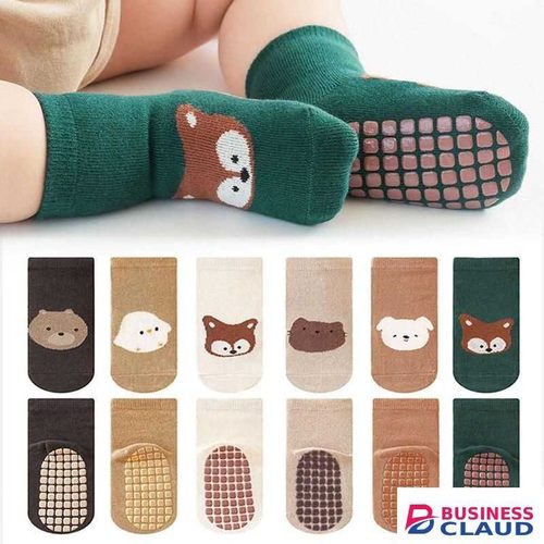 Baby 5 Pairs Anti-Skid Socks – Cute Animal Designs - Non-Slip Grip for Crawling & Walking (Brown, Beige, Green, Grey & Mustard) Size S(0-12M), M(1-3Yrs), L(3-5Yrs