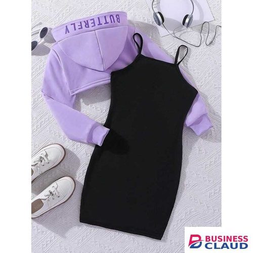 Girls' 2 Piece Outfits High Low Hem Long Sleeve Crop Hooded Sweatshirt and Graphic Print Cami Dress