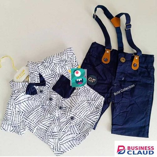 4Pcs Cutest Baby Boy Set of Khaki Shorts Printed Shirt Suspender&Bowtie
