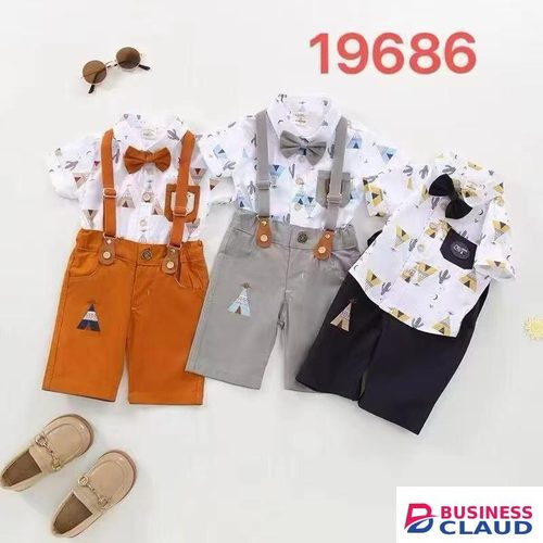 4Pcs Cutest Baby Boy Set of Khaki Shorts Printed Shirt Suspender&Bowtie-MUSTARD