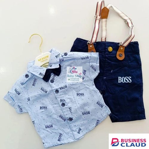 4Pcs Cutest Baby Boy Set of Khaki Shorts Printed Shirt Suspender&Bowtie-SKY NAVY