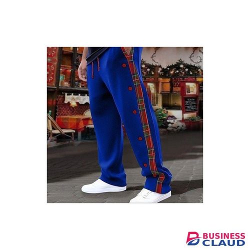 Vintage Side Button Striped Patchwork Pants Mens Trendy Drawstring Loose Straight Trousers Men 2025 Spring Autumn Casual Pants blue