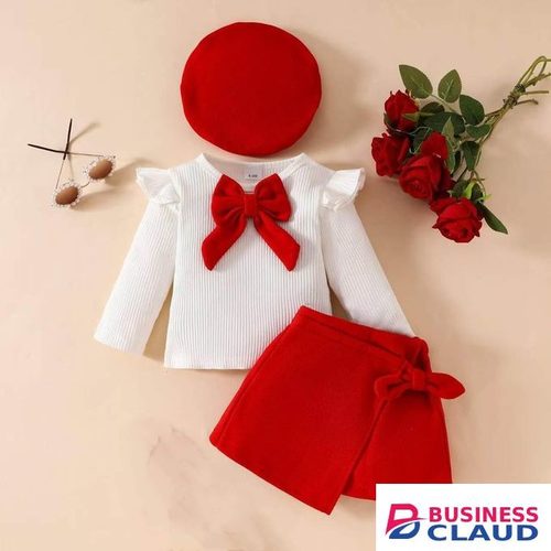 Baby Girl 3 piece stylish set Red and White Outfit-Skirt,top and beret cap