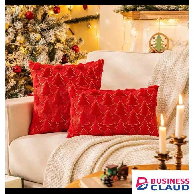 Set of Two Red Plush Christmas Tree Glitter Decorative Pillowcases