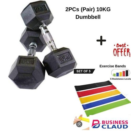 Pair (2pcs) 10KG Hexagonal Dumbell (10KG Each Hand) plus Free 5pcs Exercise Bands