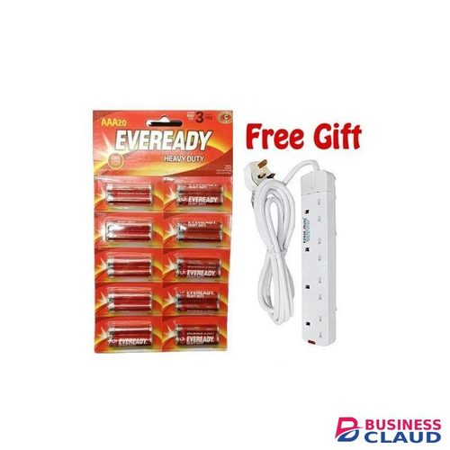 Eveready Heavy Duty Long Lasting AAA Batteries-20 (Triple AAA) + Free 4 Way Power Extension Cable