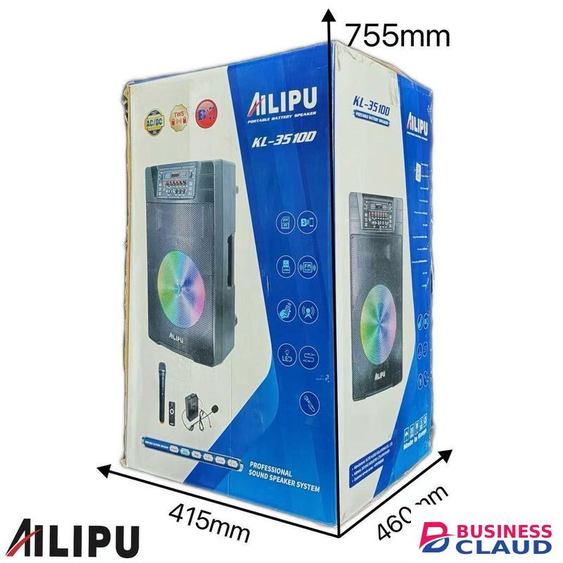 AILIPU KL-3510D 15inch Speaker Rechargable Party Box Portable Speaker With Led Display & Dual Wireless Microphones - Black(1YR WRTY)
