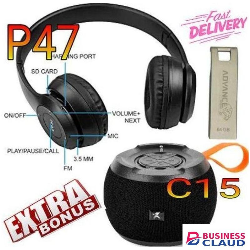 C15 Rechargeable Superbass Loud Bluetooth Speaker +Free High USB Flash Drive 64GB, P47 Headphone