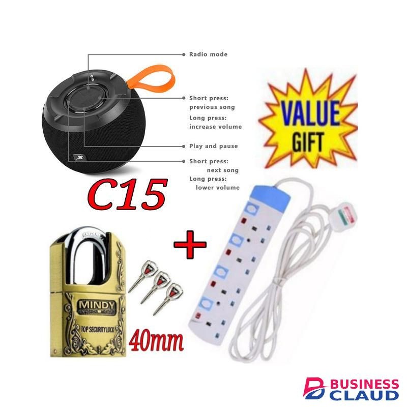 C15 SuperBrass Original BT Speaker+40mm padlock+ Free 4Way Power Extension