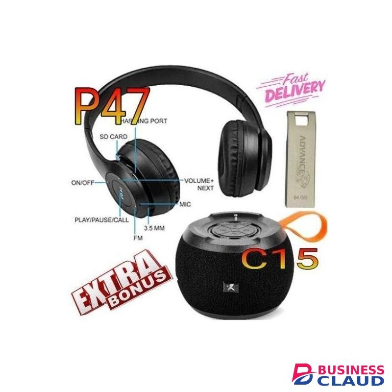 C15 Rechargeable Superbass Loud Bluetooth Speaker +Free High USB Flash Drive 64GB, P47 BT Headphones