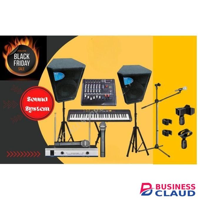 Rcf Public Address System Two 15 inches Public Address Speakers , PSR-F52 Keyboard , Keyboard Stand , 6 Channels Mixer , Two Speaker Stands + Free Wireless Microphone + Free Microphone Stand