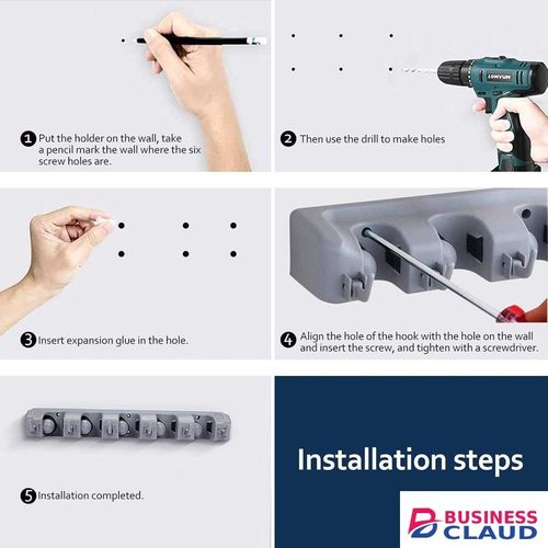 Mop and Broom Holder - Wall Mounted Garage Tool Organizer Broom Hanger Rack- Ideal for Home Kitchen Garage Garden Laundry Bathroom Tool Organizer With 5 Racks and 6 Hooks Broom Holder