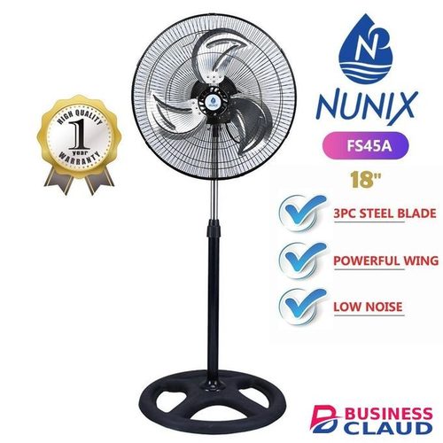Nunix Nunix-FS45A 18 Inch Standing Fan with Steel Blades, Powerful Airflow, Low Noise Operation, Adjustable Height and 3-Speed Settings for Home, Office, and Indoor Cooling