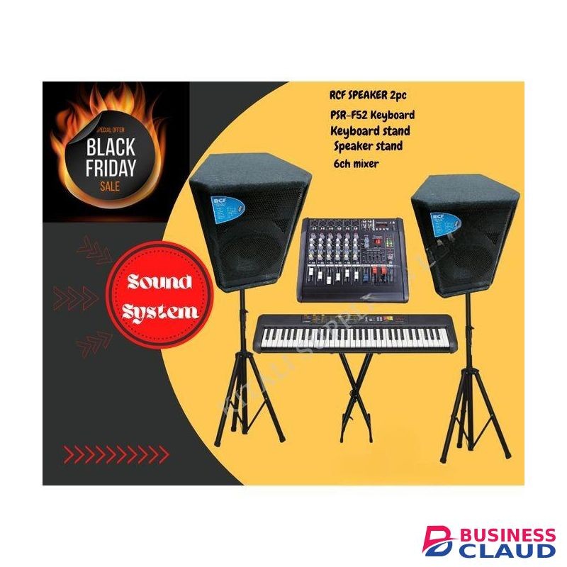 Rcf Full Public Address System Two 12 inches Public Address Speakers , PSR-F52 Keyboard , Keyboard Stand , 6 Channels Mixer , Two Speaker Stands