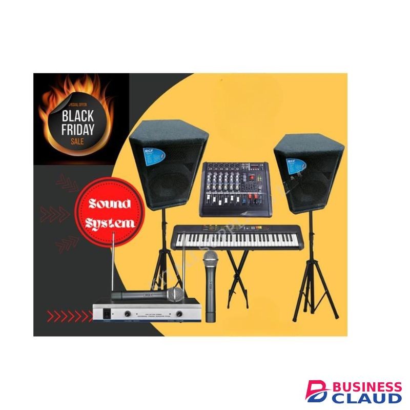 Rcf Full Public Address System Two 12 inches Public Address Speakers , PSR-F52 Keyboard , Keyboard Stand , 6 Channels Mixer , Two Speaker Stands + Free Wireless Microphone