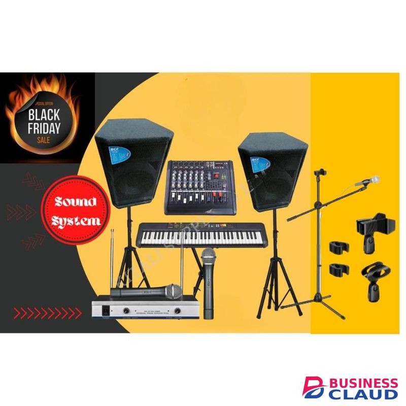 Rcf Full Public Address System Two 12 inches Public Address Speakers , PSR-F52 Keyboard , Keyboard Stand , 6 Channels Mixer , Two Speaker Stands + Free Wireless Microphone + Free Microphone Stand