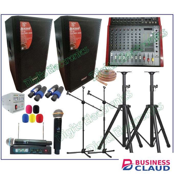 Yamaha Full Public Address System 15 Inches 4000 Watts PA Speakers + 8 Channel Powered Mixer Mixer + Wireless Microphone