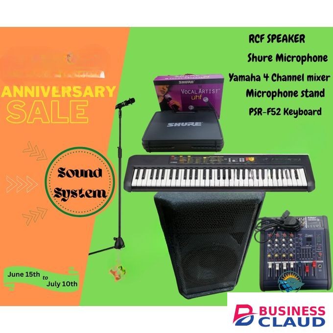 Rcf Full Public Address System Speaker 12 inches + Wireless Microphone + 4 Channel Mixer + Microphone Stand + Yamaha Keyboard